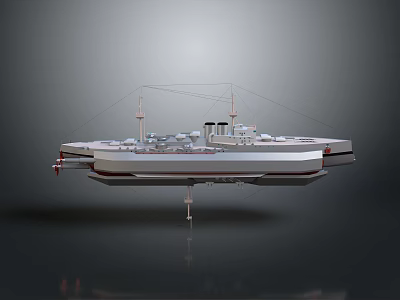 White Battleship Model With Turrets Chimneys Masts Floating On Dark Background 3d model