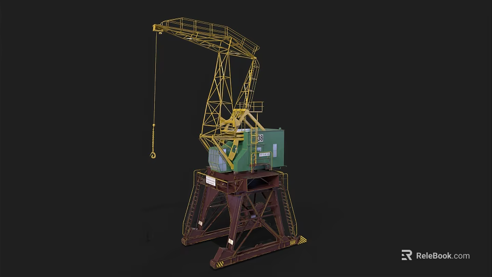 Industrial Crane With Yellow Boom Green Control Cabin And Brown Base Structure 3d model 