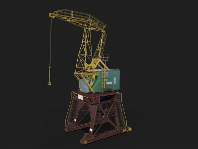 Industrial Crane With Yellow Boom Green Control Cabin And Brown Base Structure 3d model