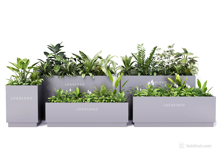 Gray Rectangular Flower Planters With Various Green Plants And Logo Design 3d model 