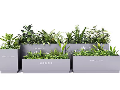Gray Rectangular Flower Planters With Various Green Plants And Logo Design 3d model