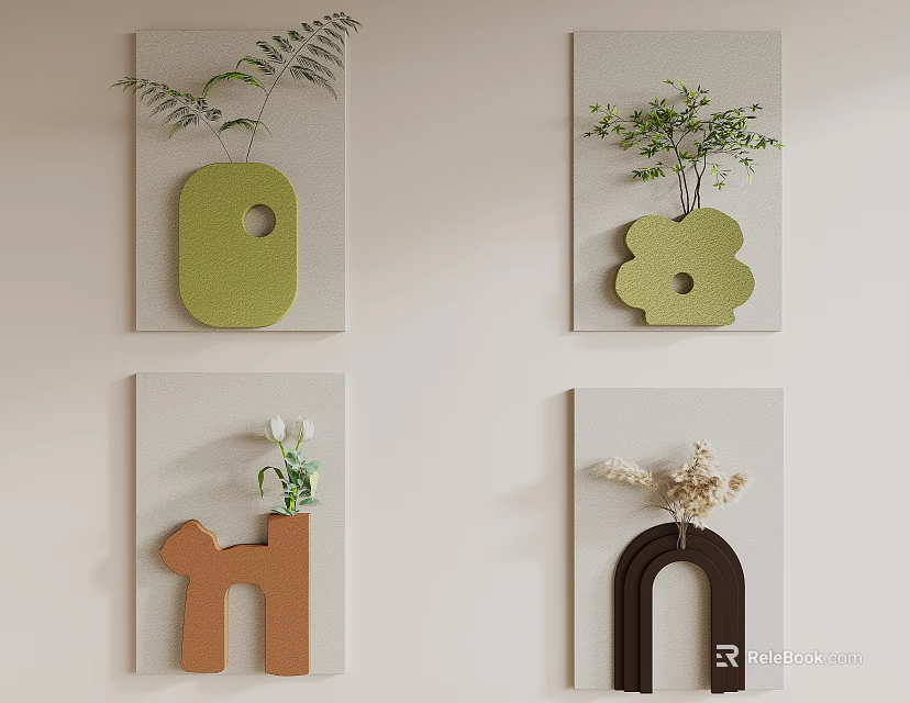 Creative Wall Decor with Various Shaped Planters Green Plants and Canvas Backdrops 3d model