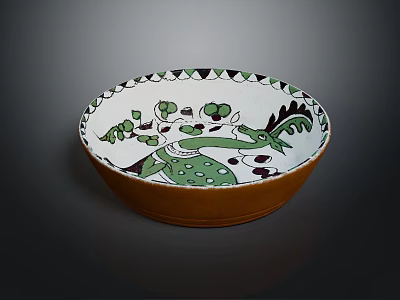 White Decorative Bowl With Green Bird Leaf And Black Geometric Patterns 3d model