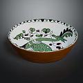 White Decorative Bowl With Green Bird Leaf And Black Geometric Patterns