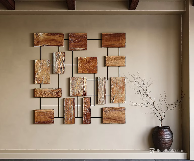 Wooden Wall Decor Featuring Various Sized Blocks In Grid Pattern With Vase 3d model 