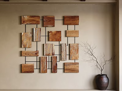 Wooden Wall Decor Featuring Various Sized Blocks In Grid Pattern With Vase 3d model