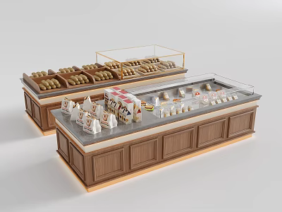 Wooden Glass Display Shelves For Bakery Shop With Bread And Pastries 3d model