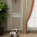 Elegant Beige Curtains with Orange Trim Valance in Living Room with Green Plant and Armchair