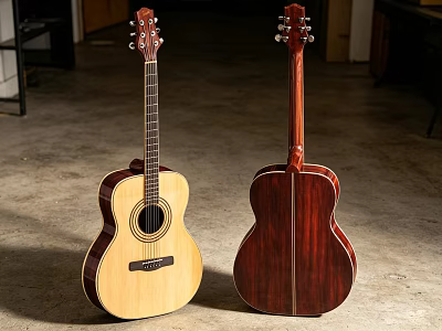 Two Acoustic Guitars Front and Back Views With Wooden Body In Indoor Setting 3d model