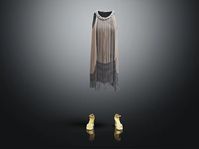 Elegant Sleeveless Fringe Dress With Beaded Neckline And Yellow Shoes 3d model