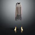 Elegant Sleeveless Fringe Dress With Beaded Neckline And Yellow Shoes