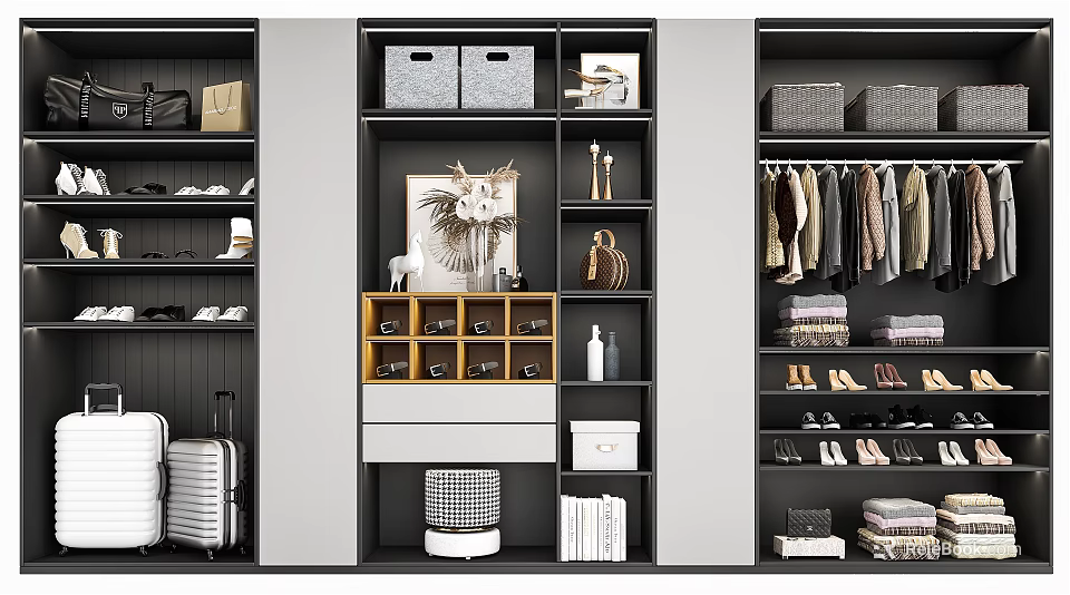 Modern Wardrobe Interior Design With Multiple Compartments Shoe Storage And Hanging Clothes 3d model