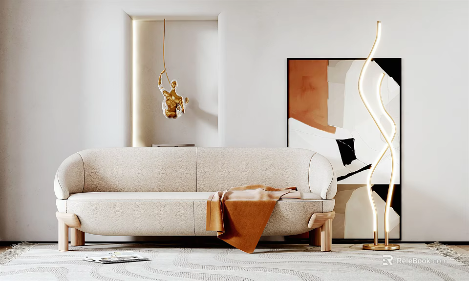 Beige Upholstered Two Seater Sofa With Wooden Legs And Brown Throw Blanket In Modern Interior 3d model 