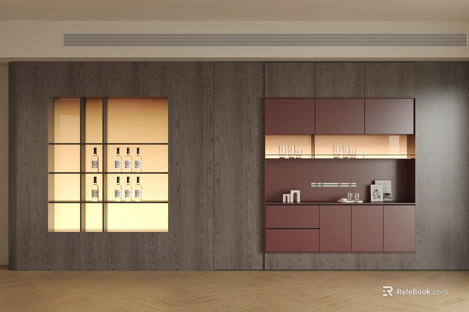 Modern Dining Room Sideboard With Wooden Finish Glass Doors LED Lighting And Storage Cabinets 3d model 