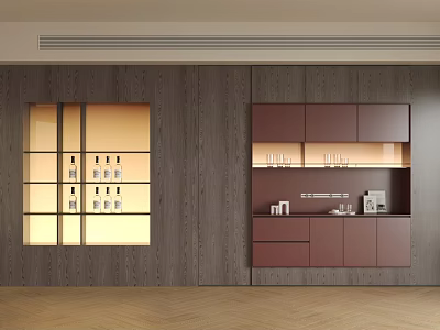 Modern Dining Room Sideboard With Wooden Finish Glass Doors LED Lighting And Storage Cabinets 3d model