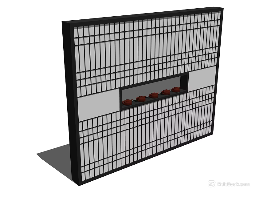 Room Divider with Grid Pattern Black Frame and Gray Panel Featuring Red Decorative Items 3d model 