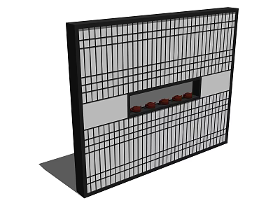 Room Divider with Grid Pattern Black Frame and Gray Panel Featuring Red Decorative Items 3d model