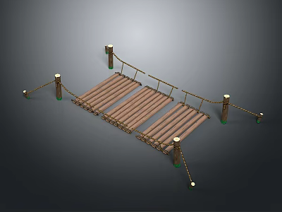 Wooden Bridge Structure With Rope Railings And Decorative Support Posts 3d model