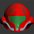 Red Metallic Helmet With Green Visor And Sleek Silver Accents