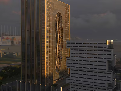 Modern Office Buildings With Golden Glass Walls Oval Cutout And White Multi Storey Structure Design 3d model