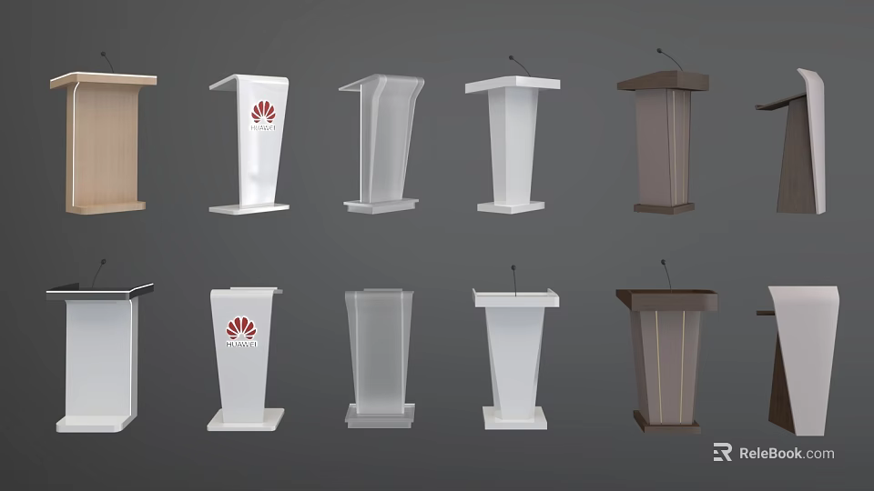 Various Modern Podiums In Different Colors With Microphones And Logos 3d model