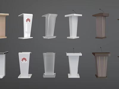 Various Modern Podiums In Different Colors With Microphones And Logos 3d model