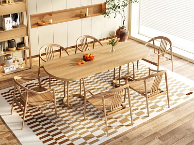 Natural Wooden Dining Table Set With Six Chairs Fruit Bowl And Plant In Bright Dining Space 3d model