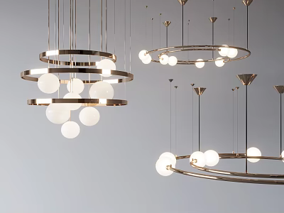 Elegant Modern Minimalist Chandeliers With Metallic Rings And White Spherical Bulbs 3d model