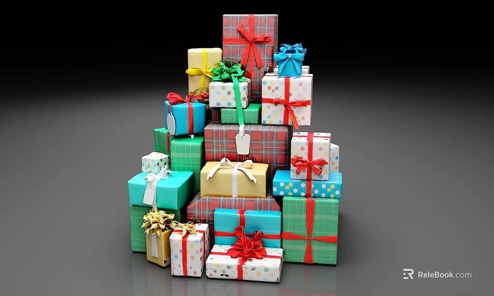 Colorful Stacked Gift Boxes With Decorative Ribbons And Various Wrapping Styles 3d model 