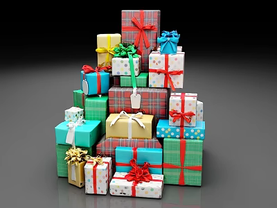 Colorful Stacked Gift Boxes With Decorative Ribbons And Various Wrapping Styles 3d model