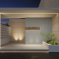 Serene Courtyard Garden Featuring Outdoor Dining Table Chairs Large Umbrella Stone Walls And Evening Lighting