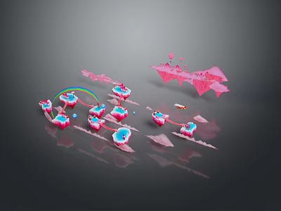 Scenic View of Pink Floating Islands Rainbow Blue Waters Floating Clouds and Reflections 3d model