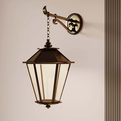 Vintage Brass Wall Lantern With Glass Panels And Hanging Chain Design 3d model