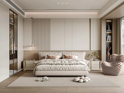 Modern Bedroom Interior With Cozy Bed Striped Chair And Built in Wardrobe 3d model