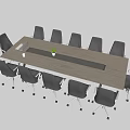 Modern Long Wooden Conference Table With Central Strip Black Office Chairs And Small Potted Plant