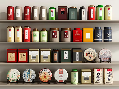 Tea Room Display With Colorful Tea Cans And Round Tea Cakes On Shelves 3d model