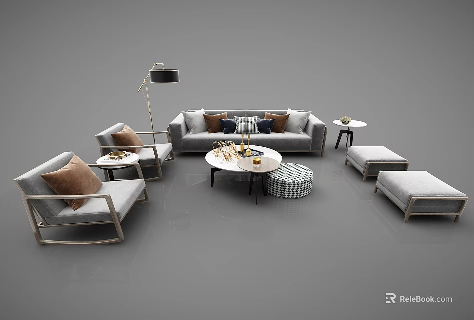 Modern Gray Sofa Coffee Table Combination With Decorative Pillows Accent Chairs And Ottomans 3d model