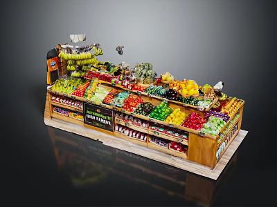 Fresh Colorful Fruits and Vegetables on Wooden Market Stall with Assorted Berries Pineapples and Greens 3d model