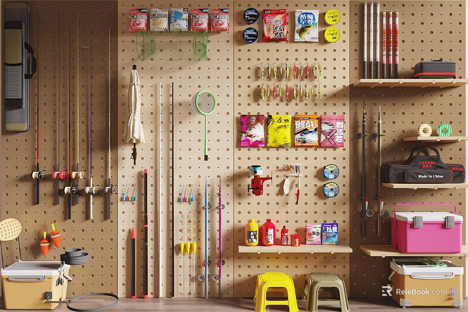 Sports Equipment Organized On Pegboard Wall With Shelves Holding Fishing Rods And Gear 3d model 