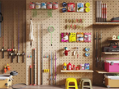 Sports Equipment Organized On Pegboard Wall With Shelves Holding Fishing Rods And Gear 3d model