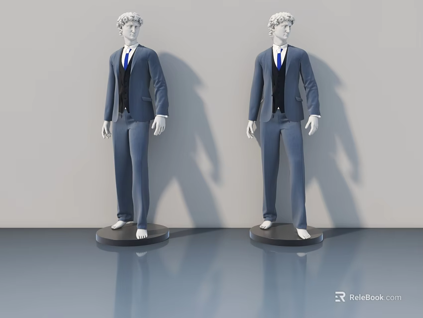 Hinged Door Display With Male Mannequins On Reflective Gray Floor 3d model 