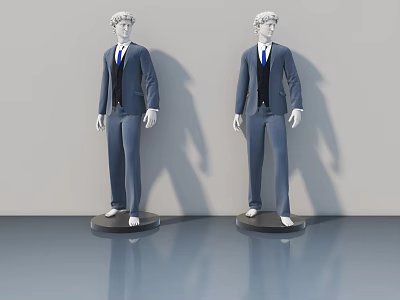 Hinged Door Display With Male Mannequins On Reflective Gray Floor 3d model