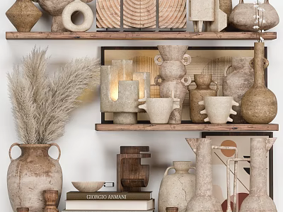 Rustic Decorative Ornaments Set On Shelves With Clay Pots Vases Pampas Grass And Books 3d model