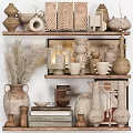 Rustic Decorative Ornaments Set On Shelves With Clay Pots Vases Pampas Grass And Books