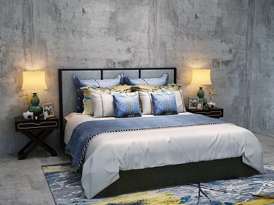 Double Bed with Black Headboard Colorful Pillows Nightstands Table Lamps and Concrete Wall Rug 3d model