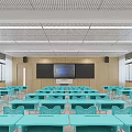 School Classroom Interior With Blue Desks Chairs Large Screen And Wooden Walls