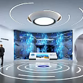 Tech Exhibition Hall With Large Blue Digital Screen Circular Floor And Reception Desk 3d model