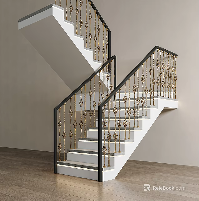 Modern White Staircase With Black And Gold Railings Built In LED Lights And Wooden Floor 3d model 