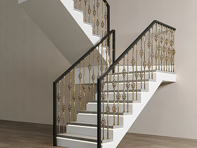 Modern White Staircase With Black And Gold Railings Built In LED Lights And Wooden Floor 3d model
