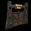 Iconic Jurassic Park Wooden Swing Door With Stone Frame And Archway Design
